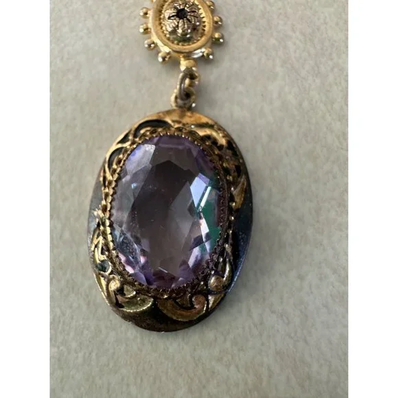 Antique Victorian gold filled Etruscan revival purple paste pendant necklace - Picture 5 of 10